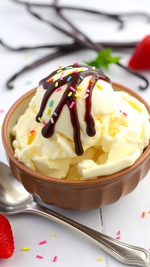A bowl of vanilla ice cream topped with chocolate sauce and sprinkles, with strawberries and vanilla beans in the background.